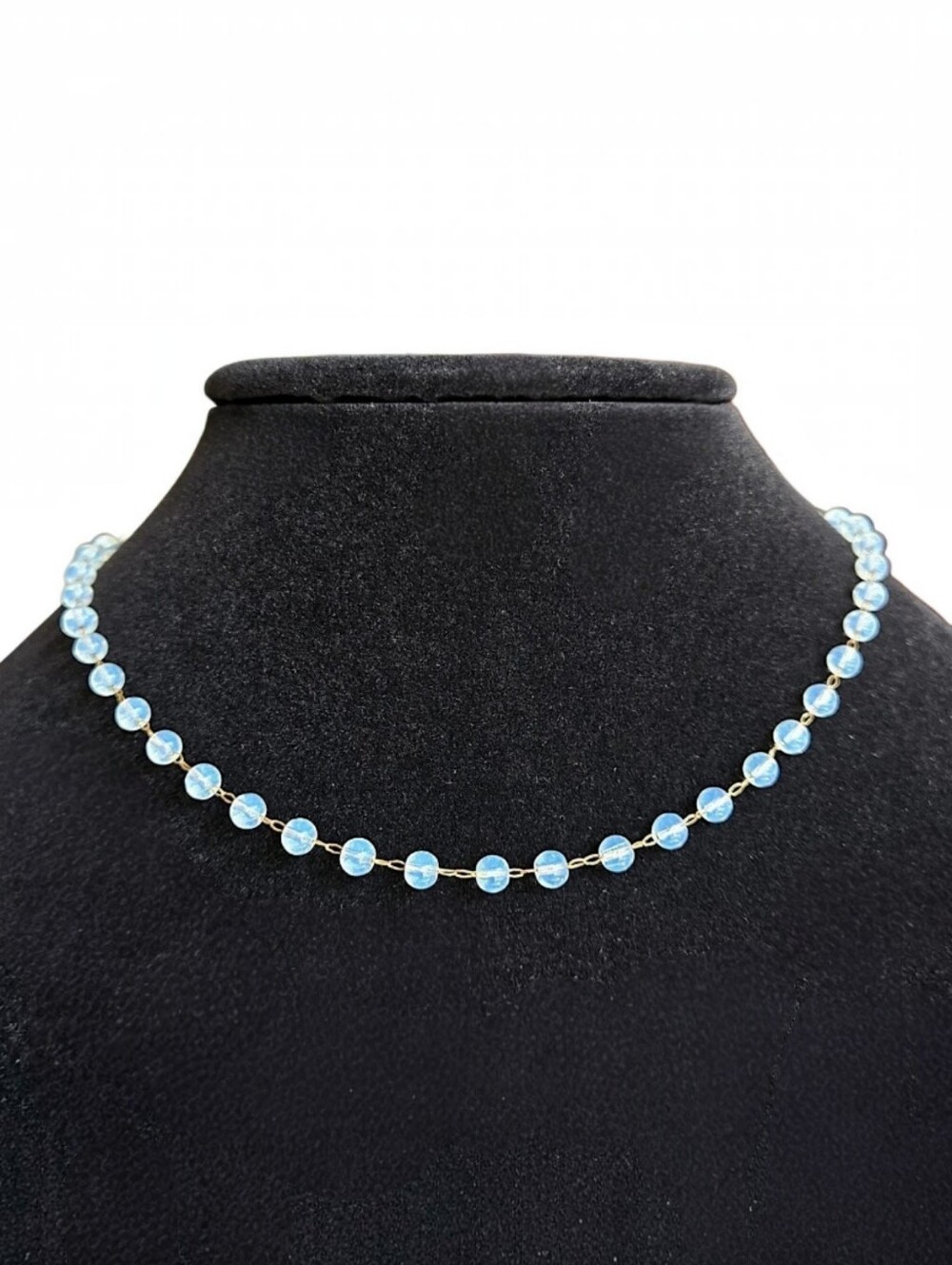 Opalite Bead Necklace 14K Gold Filled Chain Milky Blue Glass Choker 16" to 18"